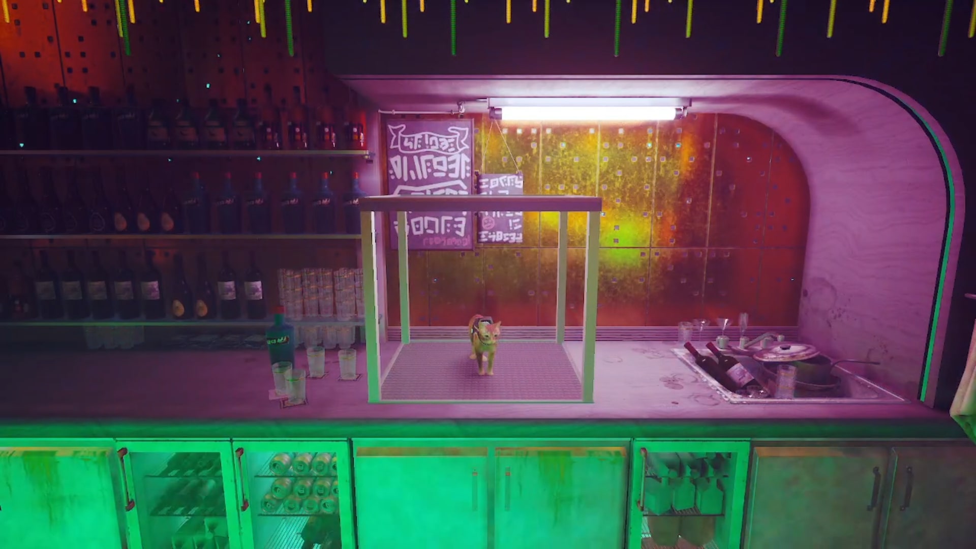 Stray memories guide: The eponymous stray stands in a dumbwaiter that's in the middle of a back bar surrounded by glasses, bottles of alcohol, and a sink overflowing with dishes