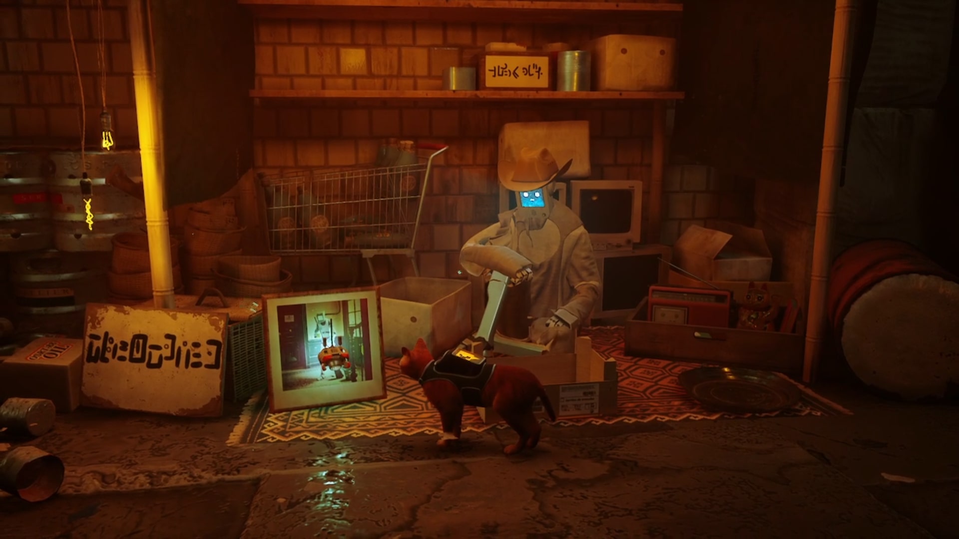 Stray memories guide: The eponymous stray and B-12 looking at the ancient relic in the Barterman's shop, which turns out to be a photograph of the robot sweeping the floor, while the Barterman looks on