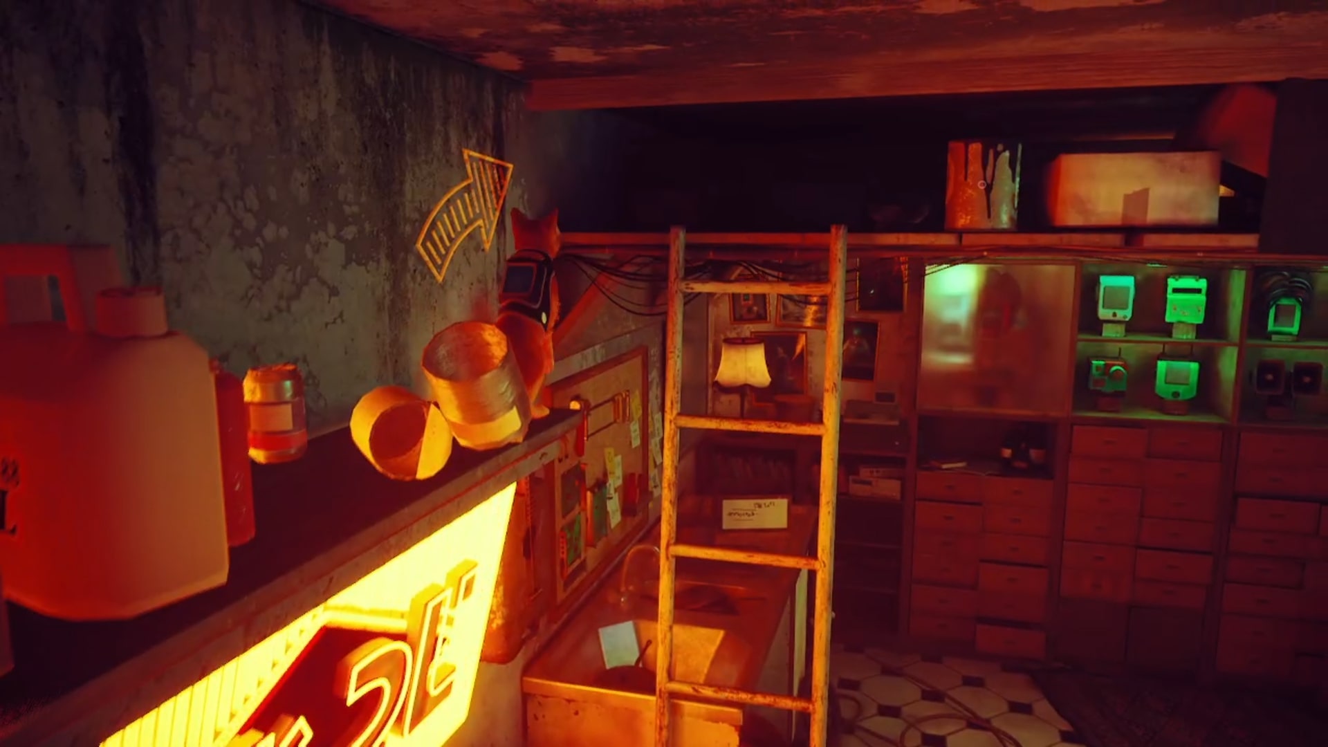 Stray memories guide: The eponymous stray leaping up to a dark loft area from a shelf above the yellow neon sign in the barbershop, knocking empty jars over in the process.