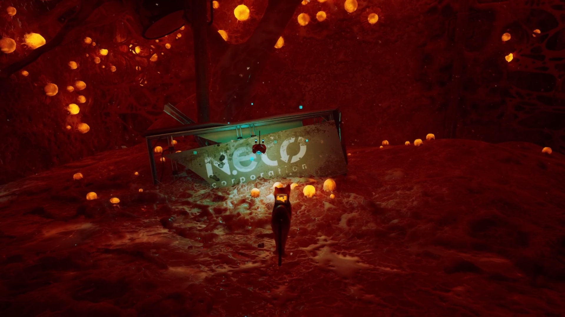 Stray memories guide: The eponymous stray and B-12 observing the crumbling Neco Corp billboard that's being slowly swallowed by Zurk eggs and strange flesh
