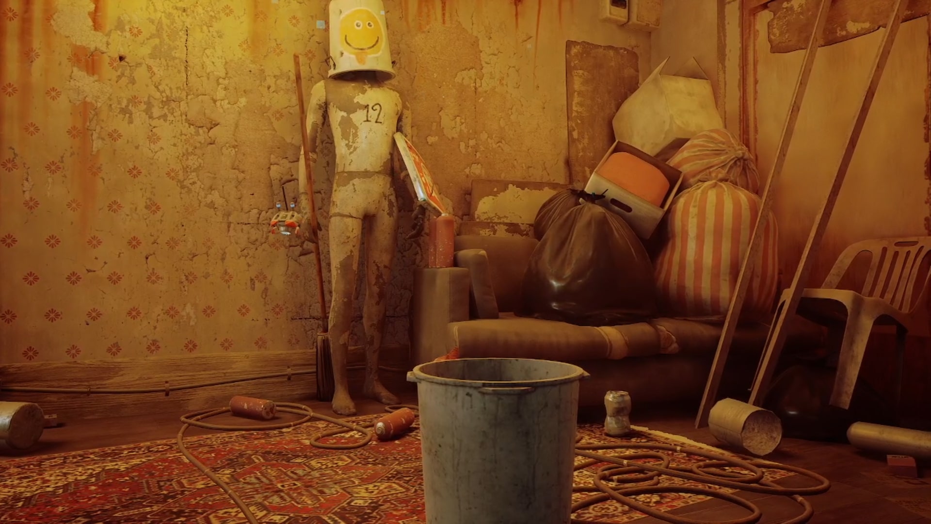 Stray memories guide: The mannequin stands against the wall of Doc's computer room, just to the left of a couch overflowing with binbags and other waste. The mannequin is also wielding a mop and pizza box as a makeshift spear and shield