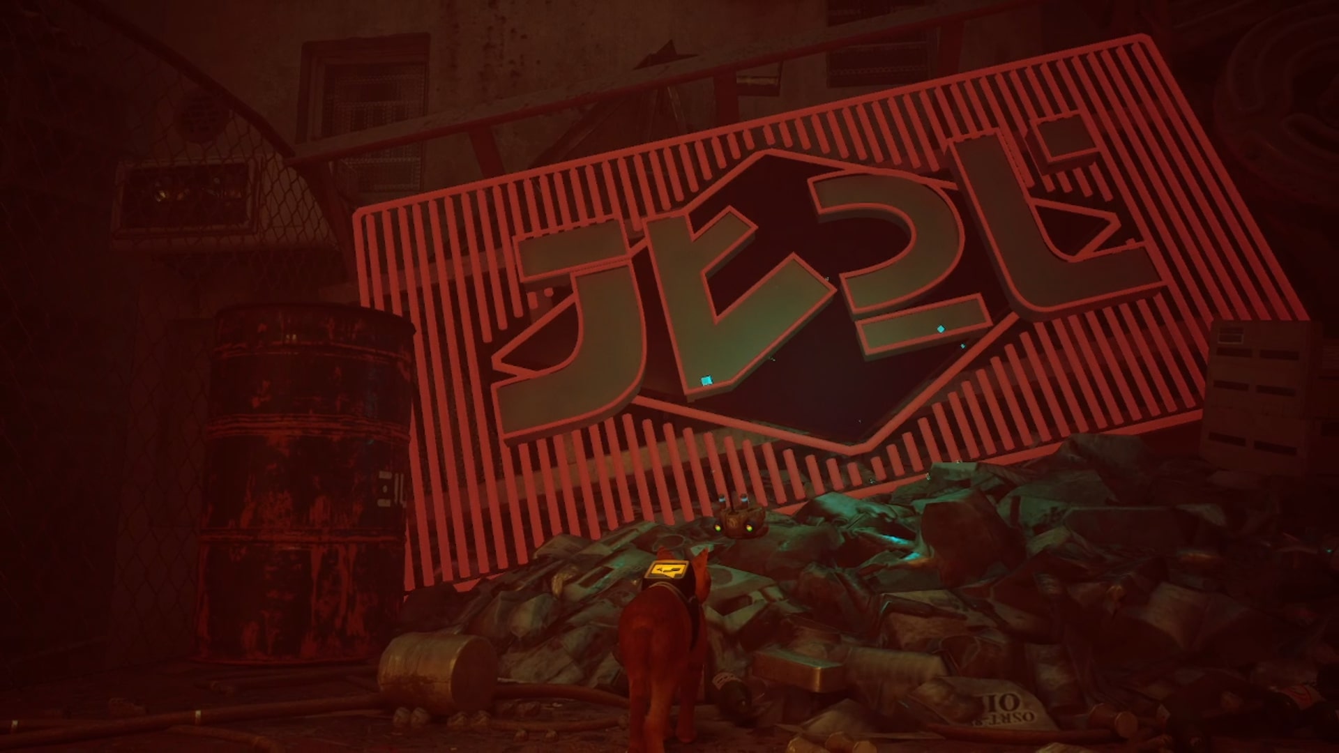 Stray memories guide: The orange tabby and B-12 standing before the enormous red neon sign bearing four letters in robot language, sitting upon a small mountain of litter
