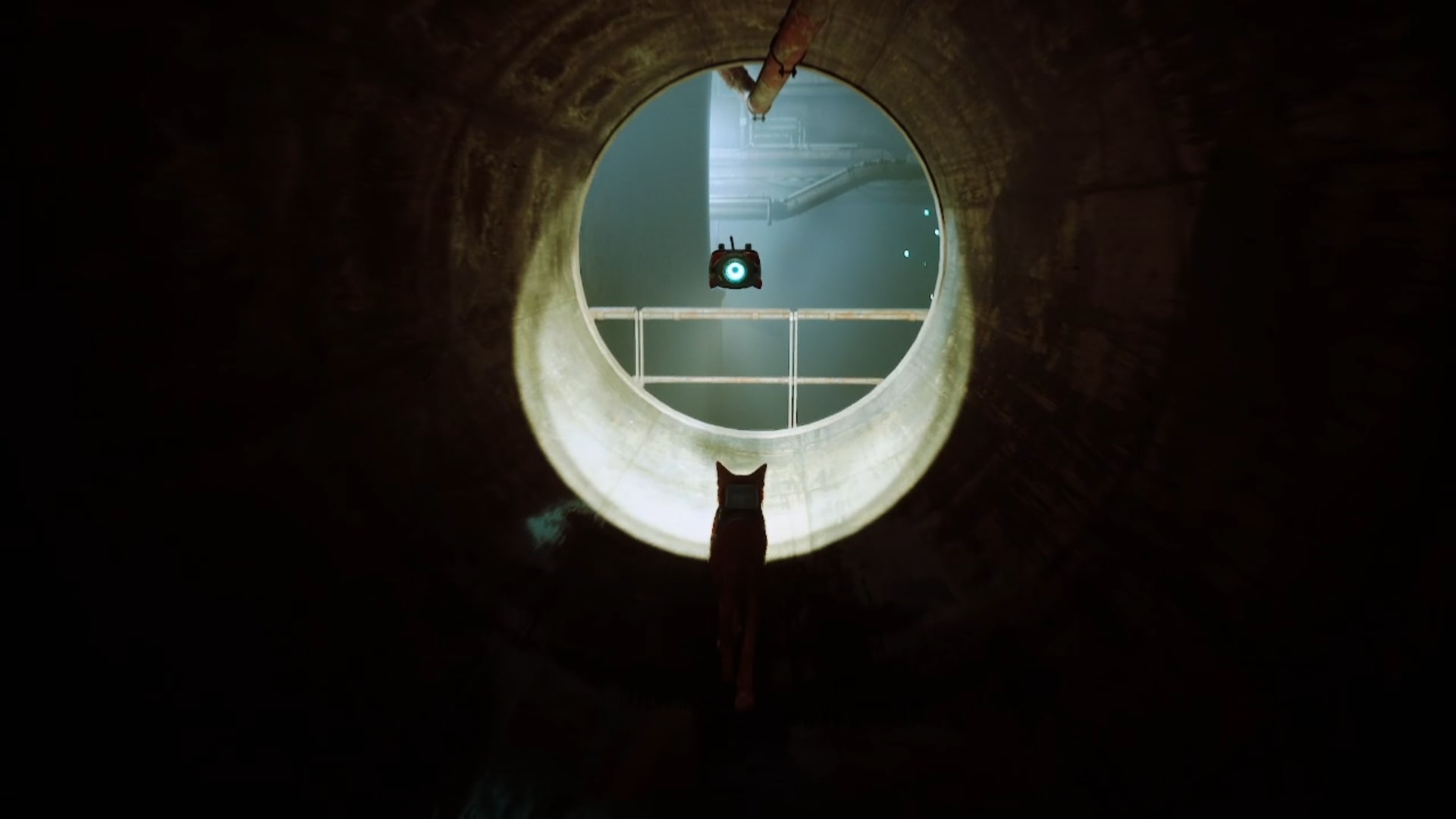 Stray memories guide: The eponymous stray and B-12 travel through a large concrete sewer pipe. At the end of the pipe is a safety railing that blocks off a huge, darkened room housing the Walled City’s sewage system