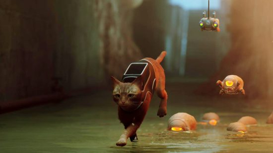 Stray orange cat running through sewers with robots following it