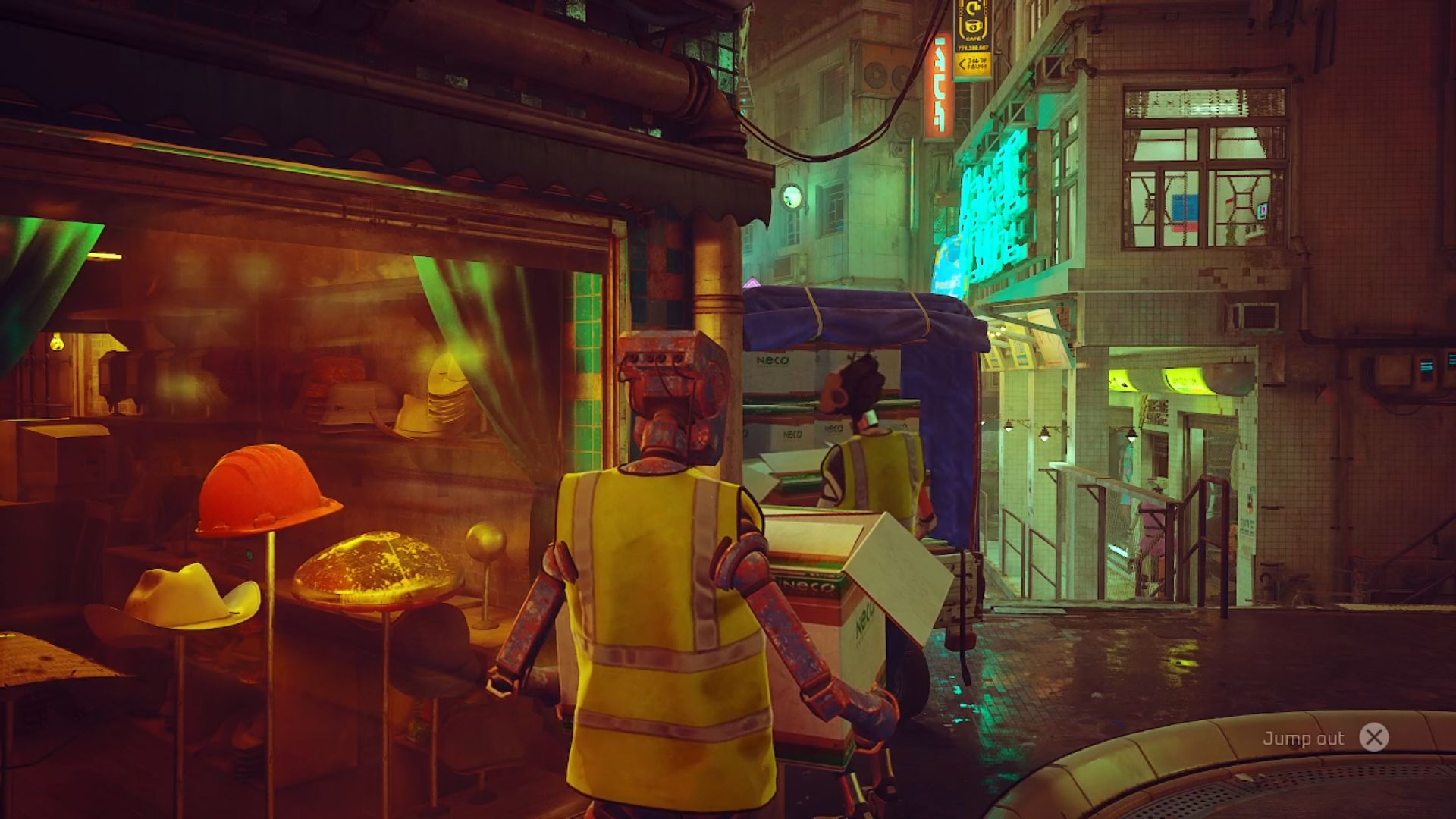 Błądzący czapkę robotniczą: robot dostarczający w żółtej kamizelce o wysokim wizucie, noszącym kartonowe pudełko z tytułowym zbłąkaniem w środku