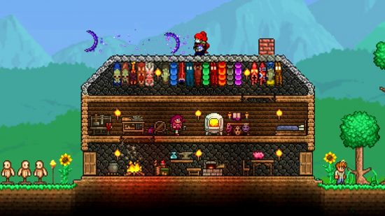 Terraria 1.4.4 update "extremely close" - a character standing atop a small three-story wooden house, firing off Demon Scythe attacks