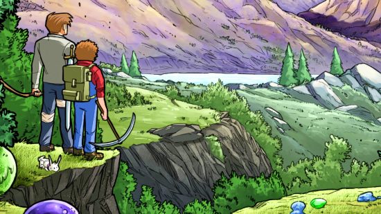 Terraria graphic novel announced by Re-Logic and 50 Amp Productions - two figures with pickaxes look out over a grassy, hill-covered landscape