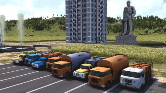 Workers and Resources Soviet Republic Ukraine fundraising: Garbage trucks parked outside a large apartment building and a statue of Lenin