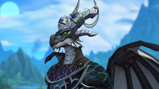 world of warcraft wow dragonflight male dracthyr looks off into blue skies