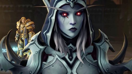world of warcraft wow shadowlands season 4 sylvanas windrunner stands in front of anduin wrynn in the maw