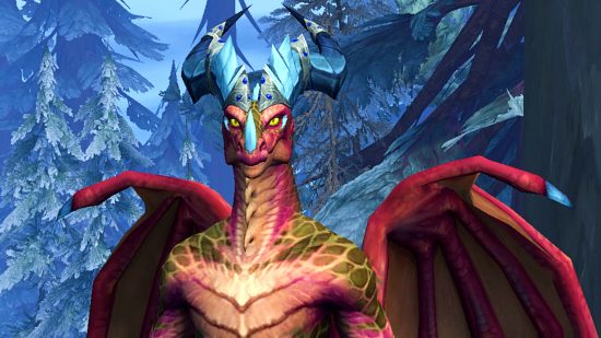 WoW Dragonflight alpha Dracthyr Soar nerf - a Dracthyr, a tall red humanoid with scales, wings, and bright blue horns