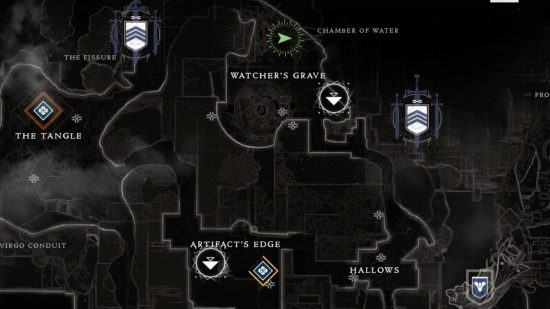 Peta Destiny 2 menunjukkan lokasi Xur di Watcher's Grave.