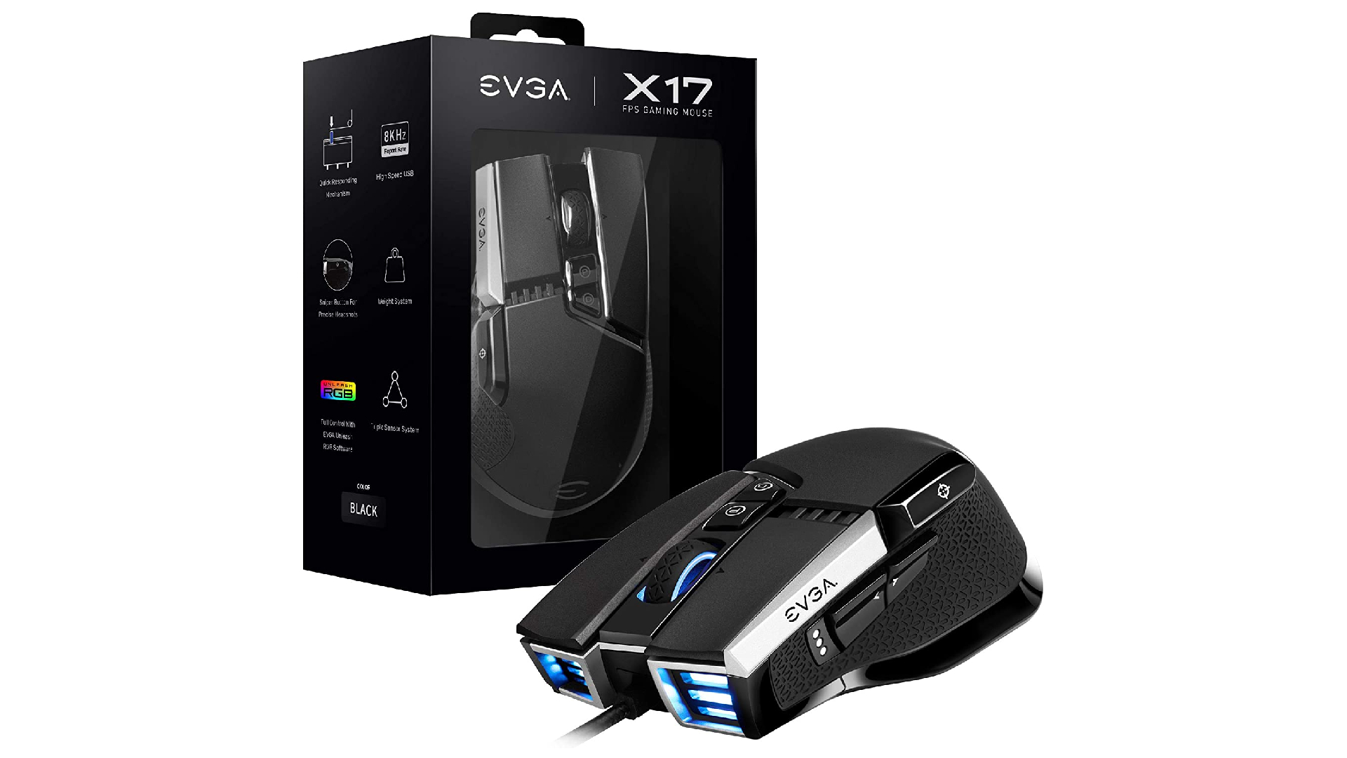 EVGA X17 gaming mouse and box on white backdrop