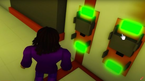A Roblox avatar looks at two switches hidden in a secret room.