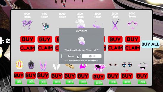 Fake Roblox events appear to have legitimate items for sale, but as this interface shows, it's difficult to tell they're not real.