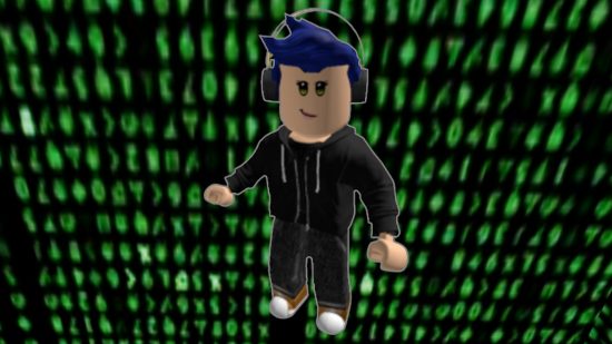 A blue-haired avatar stands in front of a lines of green developer code.