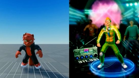 Avatar Roblox berdiri di samping gambar diam dari video musik yang menampilkan karakter animasi.