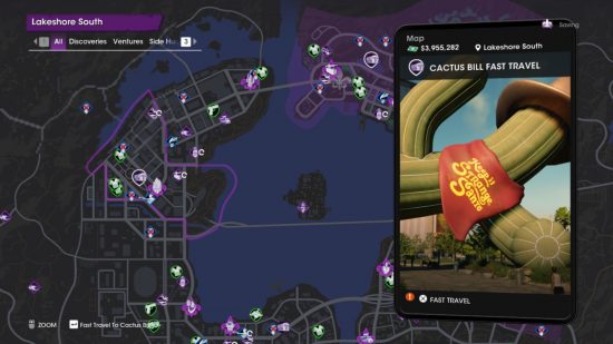 Места быстрого перемещения Saints Row: внутриигровая карта, показывающая, где находится Кактус Билл