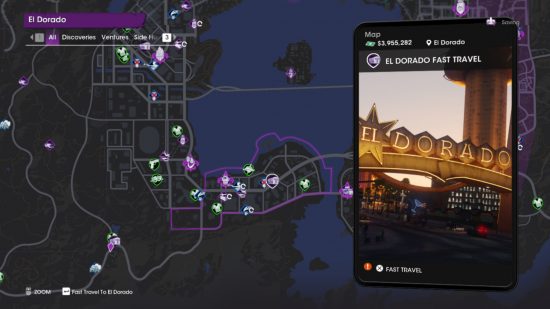 Места быстрого перемещения Saints Row: внутриигровая карта, показывающая, где находится Эльдорадо