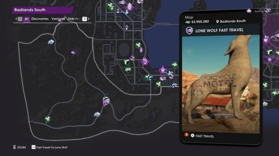Места быстрого перемещения Saints Row: внутриигровая карта, показывающая, где находится Одинокий Волк