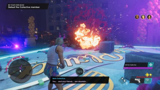 Saints Row review: an explosion in the distance is paired with a little gore as cartoony blood flies up in the air