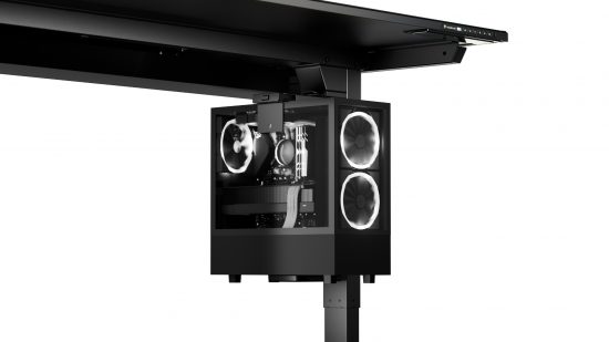 The Secretlab Magnus Pro XL gaming desk supports a gaming PC attachment below, to suspend your system against the leg