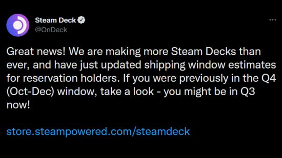 A screenshot of Valve's tweet sharing that the Steam Deck reservations have come forward to Q3