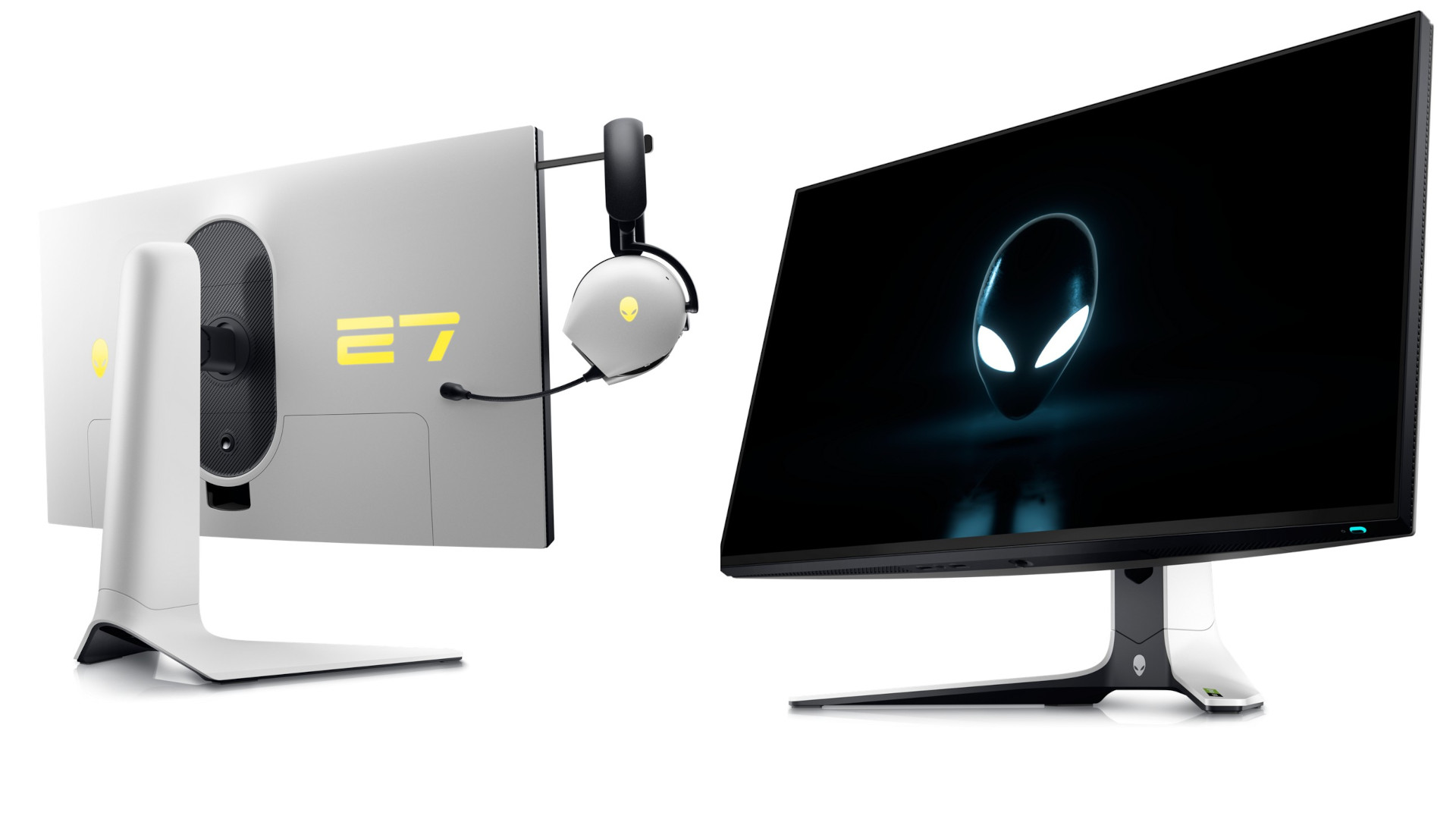 The Alienware AW2723DF gaming monitor rear (left) and front (right)