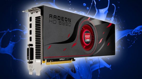 AMD Noise Suppression: Radeon 6990 on blue splash backdrop