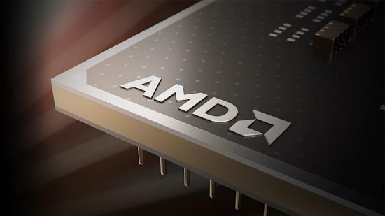 AMD Ryzen 7000: A 3D render of a CPU, zoomed into its corner in which a company logo is show prominently