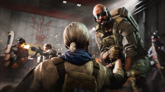 Battlefield 2042 Season 2 start date: Specialist Crawford, wearing a radio headset and mirrored aviator sunglasses, helps another soldier up from the floor during a firefight inside a cargo ship