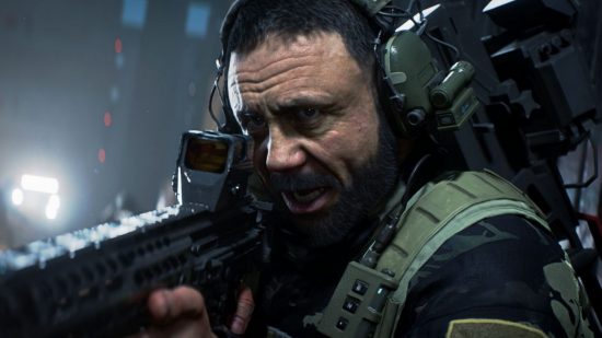 Battlefield 2042 update 1.2 release date: The bearded Pyotr Guskovsky, a Battlefield 2042 specialist, aims his assault rifle as he shouts a command