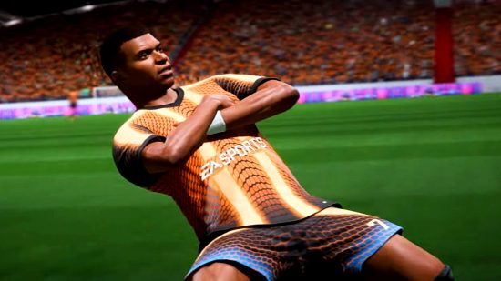 Belgium Loot Box laws - FIFA 22's Kylian Mbappe, sliding on his knees with arms crossed