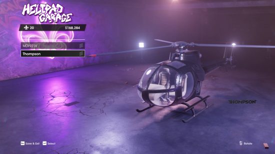 Best Saints Row cars vehicles: a Thompson helicopter in the hangar.
