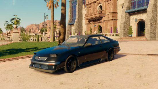 Best Saints Row cars vehicles: a blue car with 80's headlights parked outside of the Saint's church.
