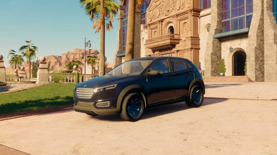 Best Saints Row cars vehicles: a black hatchback parked outside of the Saint's church.