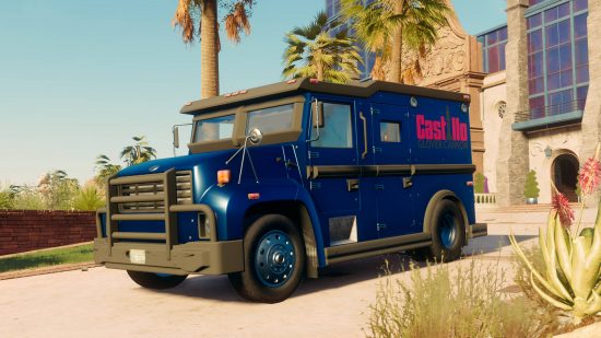 Best Saints Row cars vehicles: a blue Titan van parked outside the Saint's church. It has the word Castillo Glover Cannon written on its side.