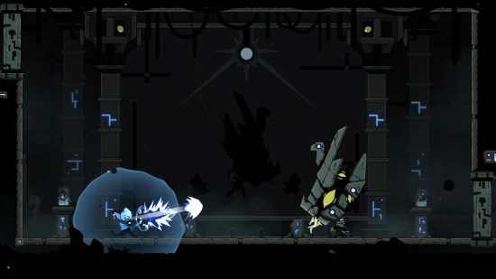 Biomorph soullike metroidvania that hopes to innovate: Small blue bat-like character shoots at large black and green turret in a cave