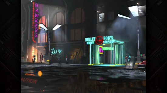 Blade Runner Enhanced Edition: A city street lit with neon signs for Hawker's club and Bullet Bob's Runner Surplus store