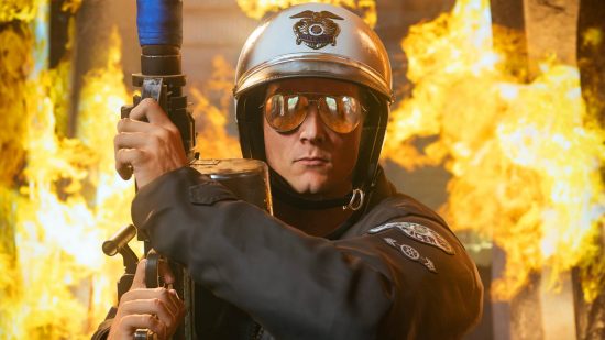 Call of Duty Warzone Titanium Trials: The T-1000 Terminator model holding a shotgun as fire burns behind it