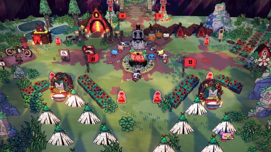 cult of the lamb follower can be petted dog: cute cartoon woodland with tents and crops and a huge cultist statue in the center