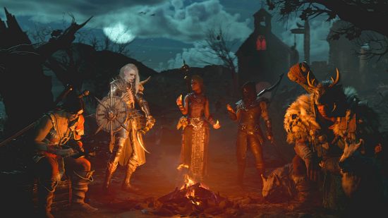 Diablo 4 beta leaks - the five character classes sat around a fire pit