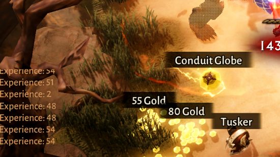 Diablo Immortal bug reduces XP - a screenshot showing some dropped gold and a conduit globe, with earned experience values displayed in the corner of the screen