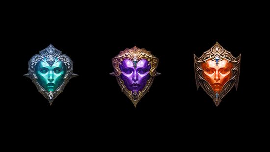 Diablo Immortal crests - rare (blue), eternal legendary (purple), and legendary (orange)