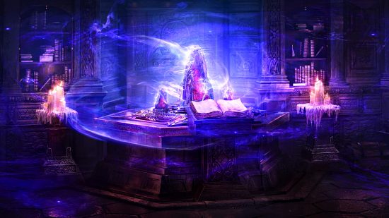 Événement Diablo Immortal Fractured Plane - un cristal violet brillant dégageant une brume;  un livre ouvert se trouve sur la table devant lui.