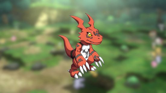 Digimon Survive Guilmon - a blurred background image of the game with a render of Guilmon in front of it. Guilmon is a red bipedal dinosaur with tribal markings, big ears, and bigger claws.