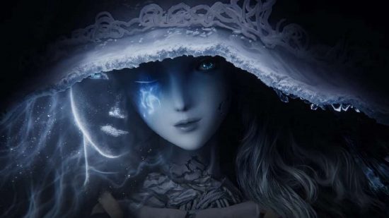 Elden Ring YouTube launch: Ranni the Witch looks out at the viewer from a black background