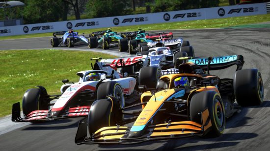 F1 22 cross-play dates: Colourful F1 cars bunch up as they round a corner on a sunny track