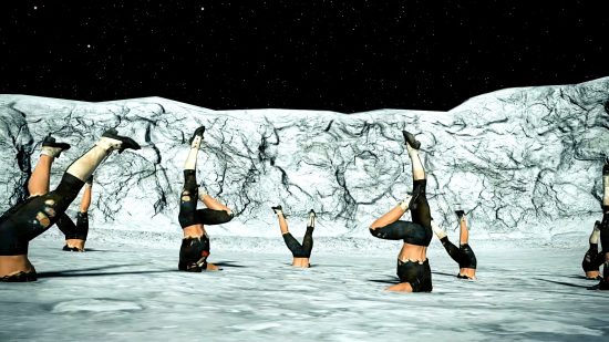 FFXIV patch 6.2 - several Hildibrand figures embedded into the moon's surface, upside-down
