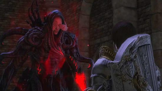 FFXIV 6.2 patch interview - a figure with a shield on their back looks at a hooded figure with hands covering its eyes